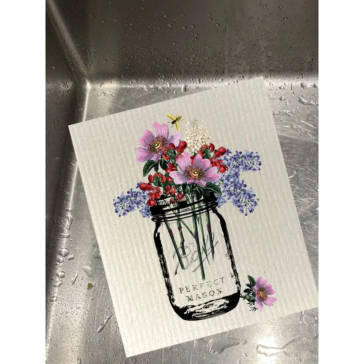 Swedish Dishcloth - Ball Jar Bouquet with Bee - set of 2 - Knollwood Lane