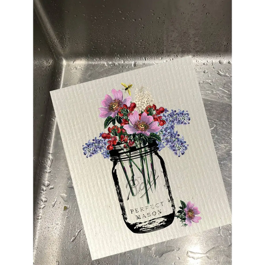 Swedish Dishcloth - Ball Jar Bouquet with Bee - set of 2 - Knollwood Lane