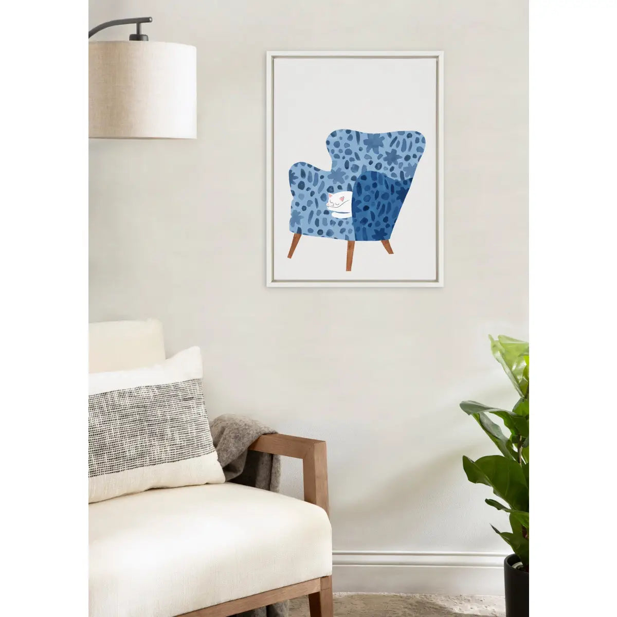 Framed Canvas Art Print - Cornflower Chair with Cat - White / 18x24 - kateandlaurel