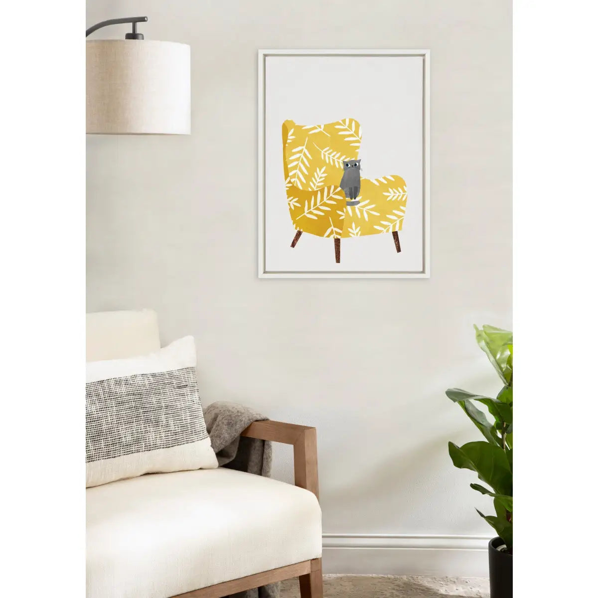 Framed Canvas Art Print - Mustard Chair with Cat - White / 18x24 - kateandlaurel