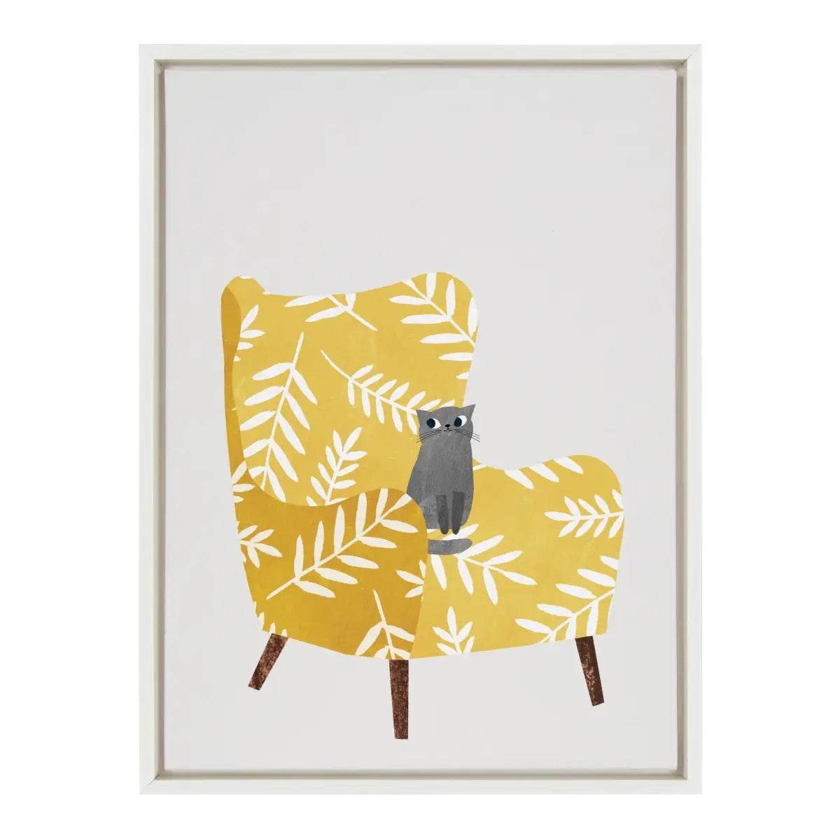 Framed Canvas Art Print - Mustard Chair with Cat - White / 18x24 - kateandlaurel