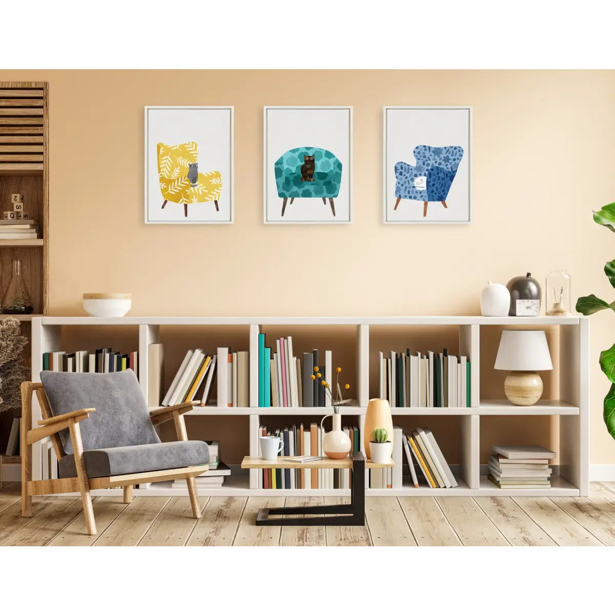 Framed Canvas Art Print - Mustard Chair with Cat - White / 18x24 - kateandlaurel