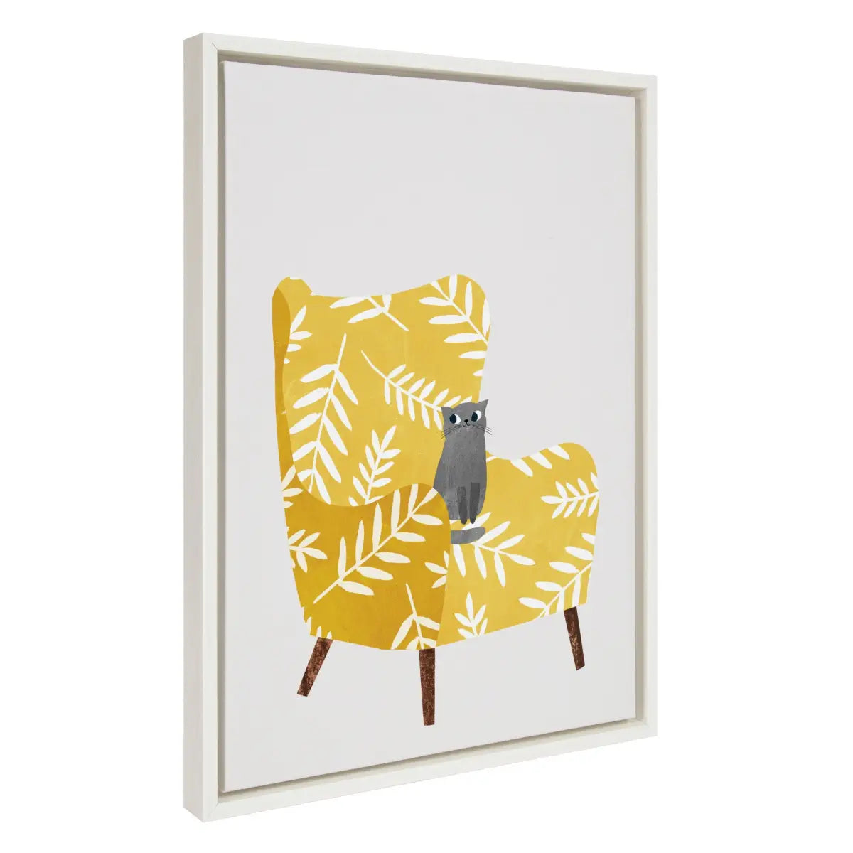 Framed Canvas Art Print - Mustard Chair with Cat - White / 18x24 - kateandlaurel