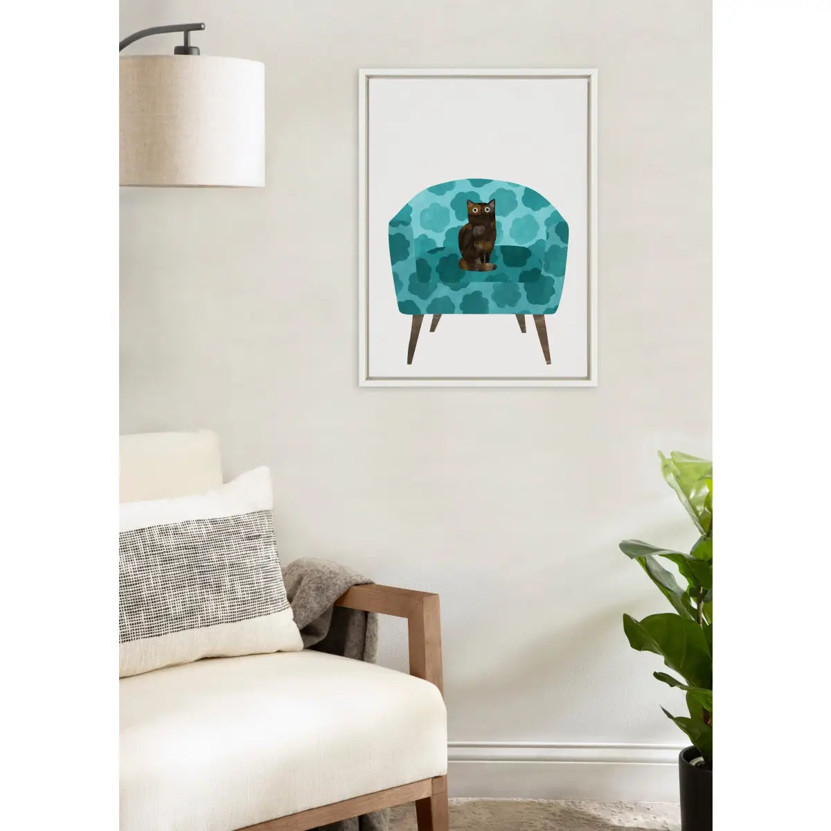 Framed Canvas Art Print - Teal Chair with Cat - White / 18x24 - kateandlaurel