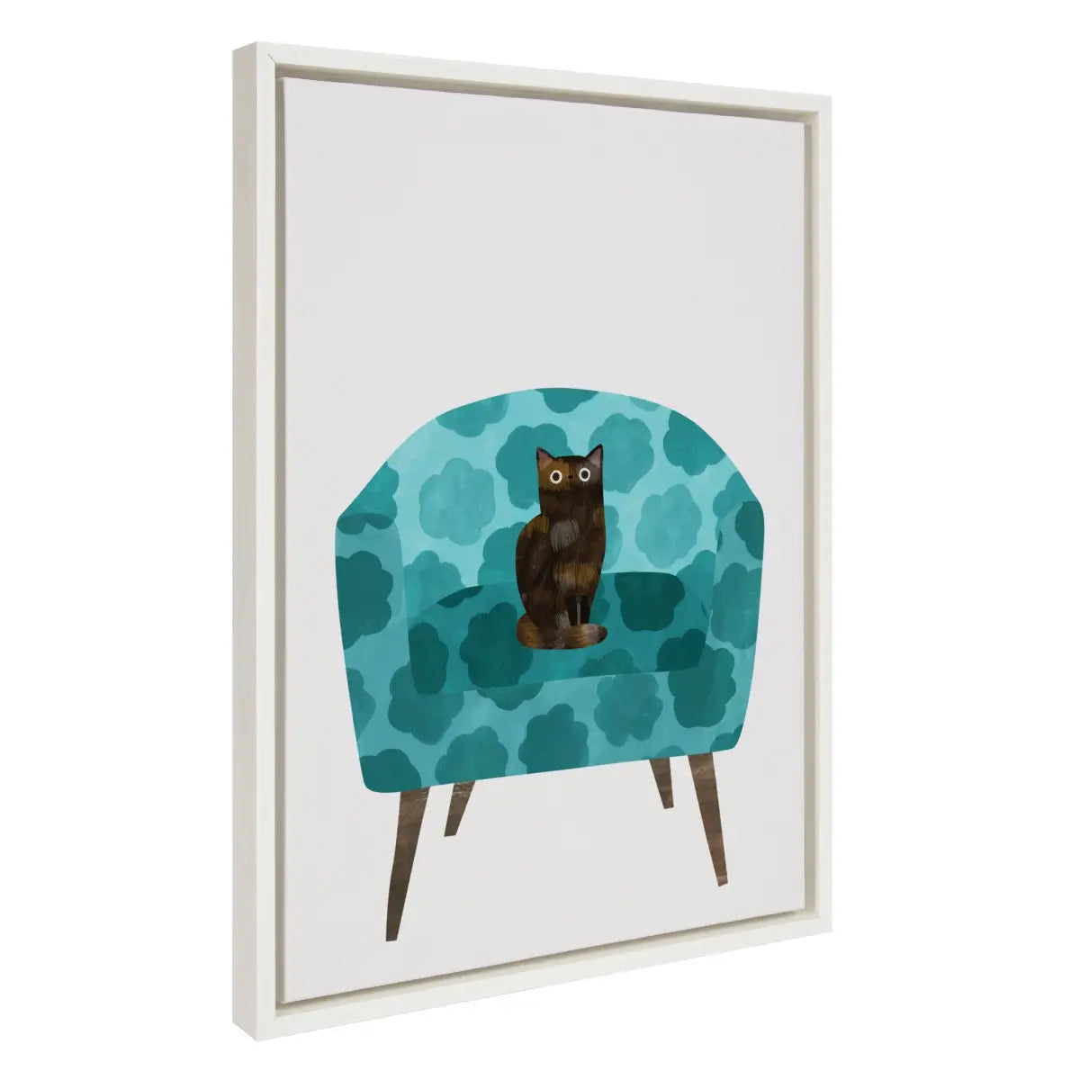 Framed Canvas Art Print - Teal Chair with Cat - White / 18x24 - kateandlaurel