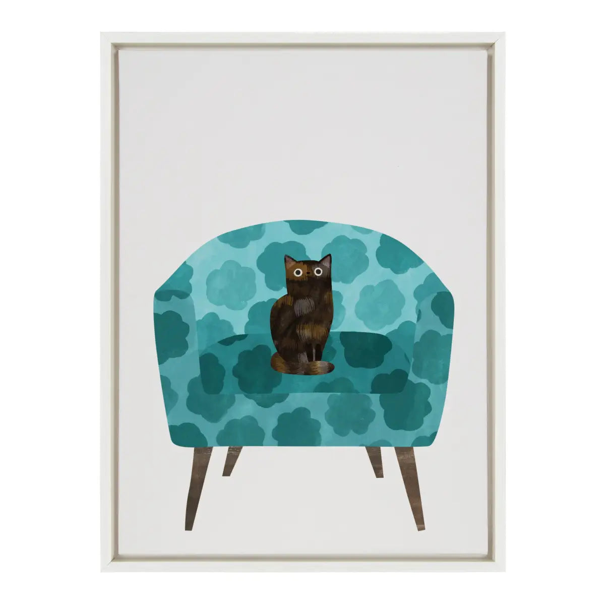 Framed Canvas Art Print - Teal Chair with Cat - White / 18x24 - kateandlaurel