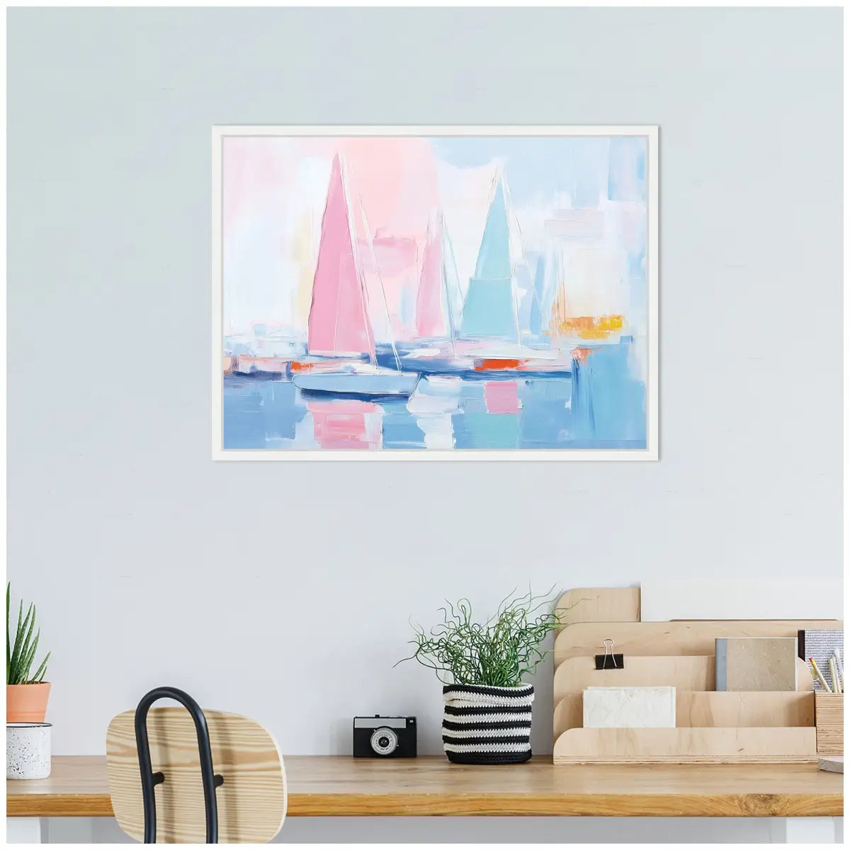 Colorful Abstract Sailboat Harbor Landscape Framed Canvas - kateandlaurel