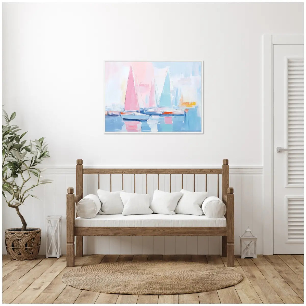 Colorful Abstract Sailboat Harbor Landscape Framed Canvas - kateandlaurel