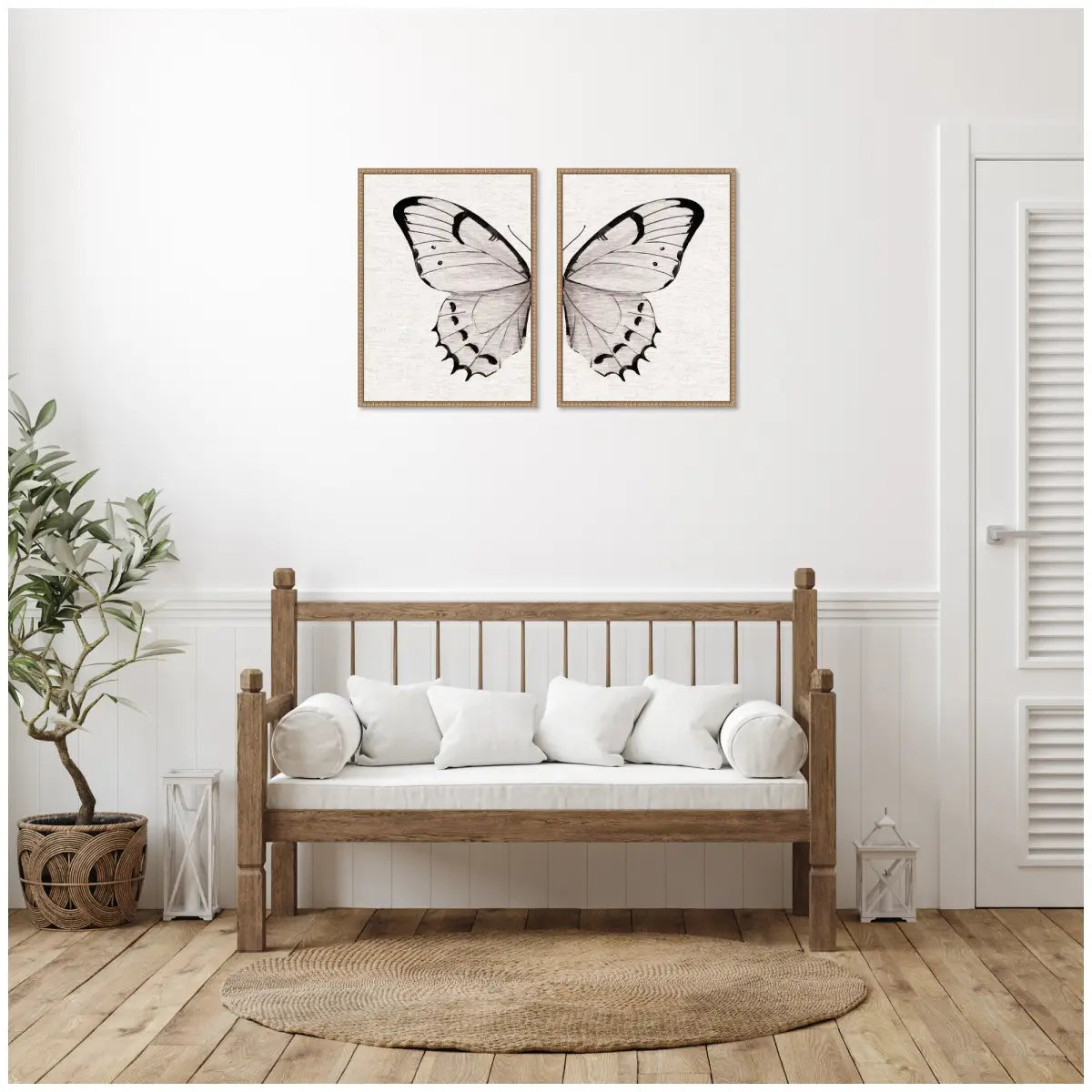 Framed Canvas Art Set - Beaded Minimal Butterfly Watercolor Neutral Linen - kateandlaurel