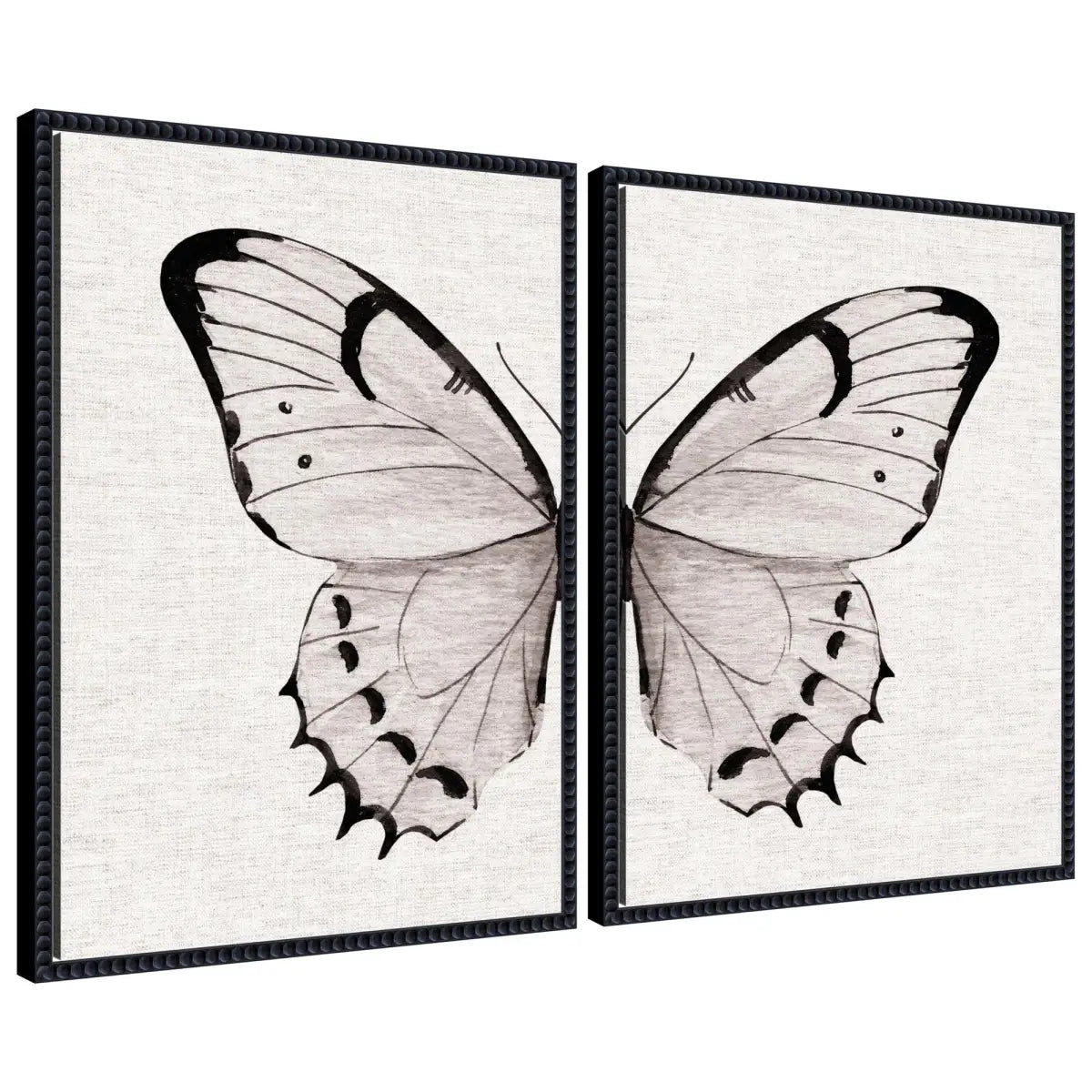 Framed Canvas Art Set - Beaded Minimal Butterfly Watercolor Neutral Linen - Black - kateandlaurel