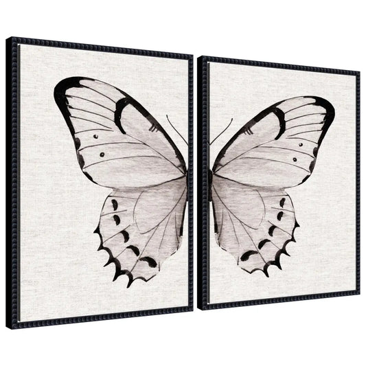 Beaded Minimal Butterfly Watercolor Neutral Linen - Framed Canvas Art Set - Black - kateandlaurel