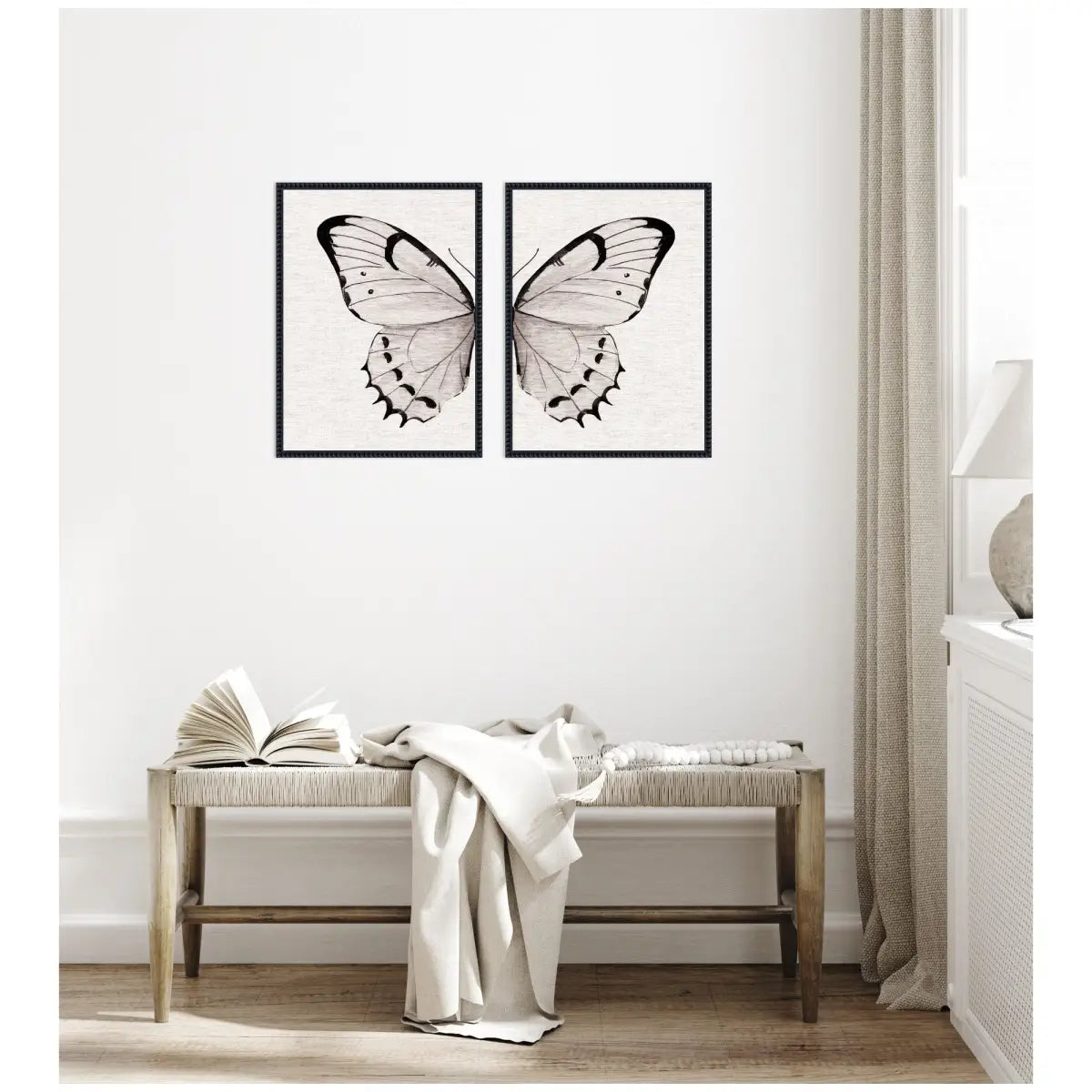 Framed Canvas Art Set - Beaded Minimal Butterfly Watercolor Neutral Linen - kateandlaurel