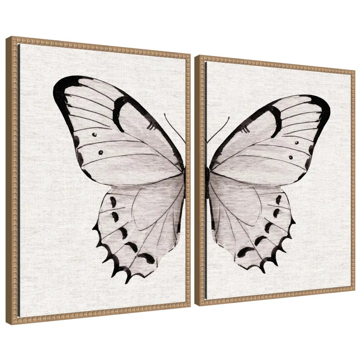 Framed Canvas Art Set - Beaded Minimal Butterfly Watercolor Neutral Linen - Brown - kateandlaurel