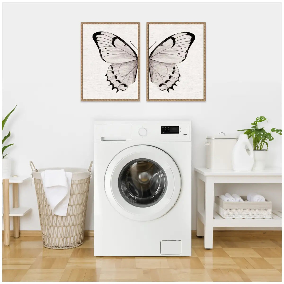Framed Canvas Art Set - Beaded Minimal Butterfly Watercolor Neutral Linen - kateandlaurel