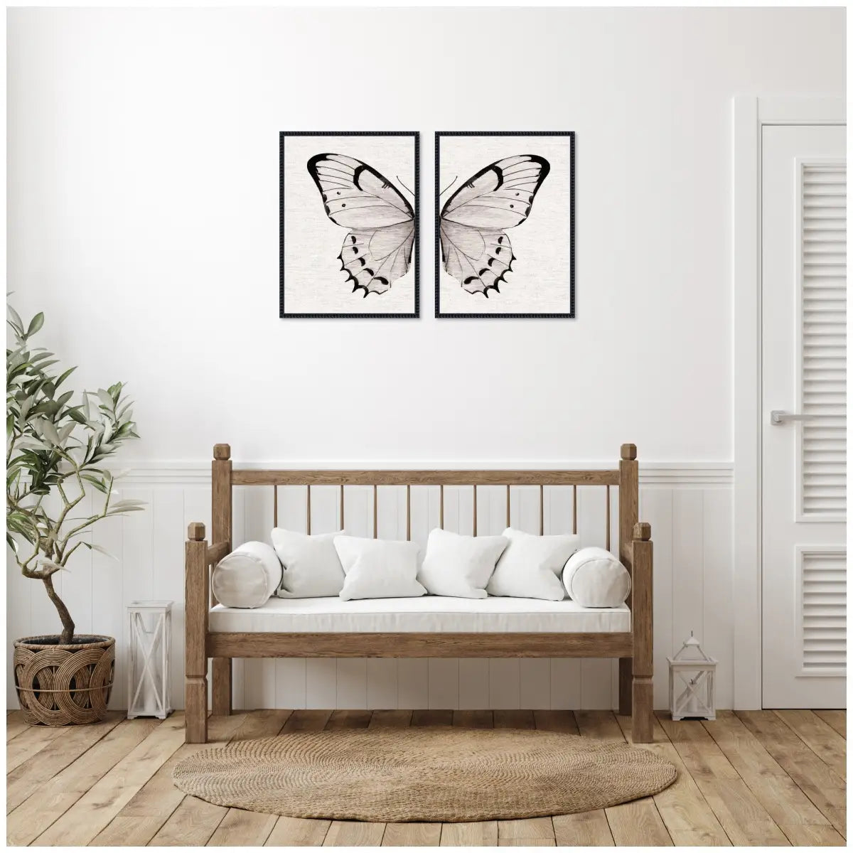 Framed Canvas Art Set - Beaded Minimal Butterfly Watercolor Neutral Linen - kateandlaurel