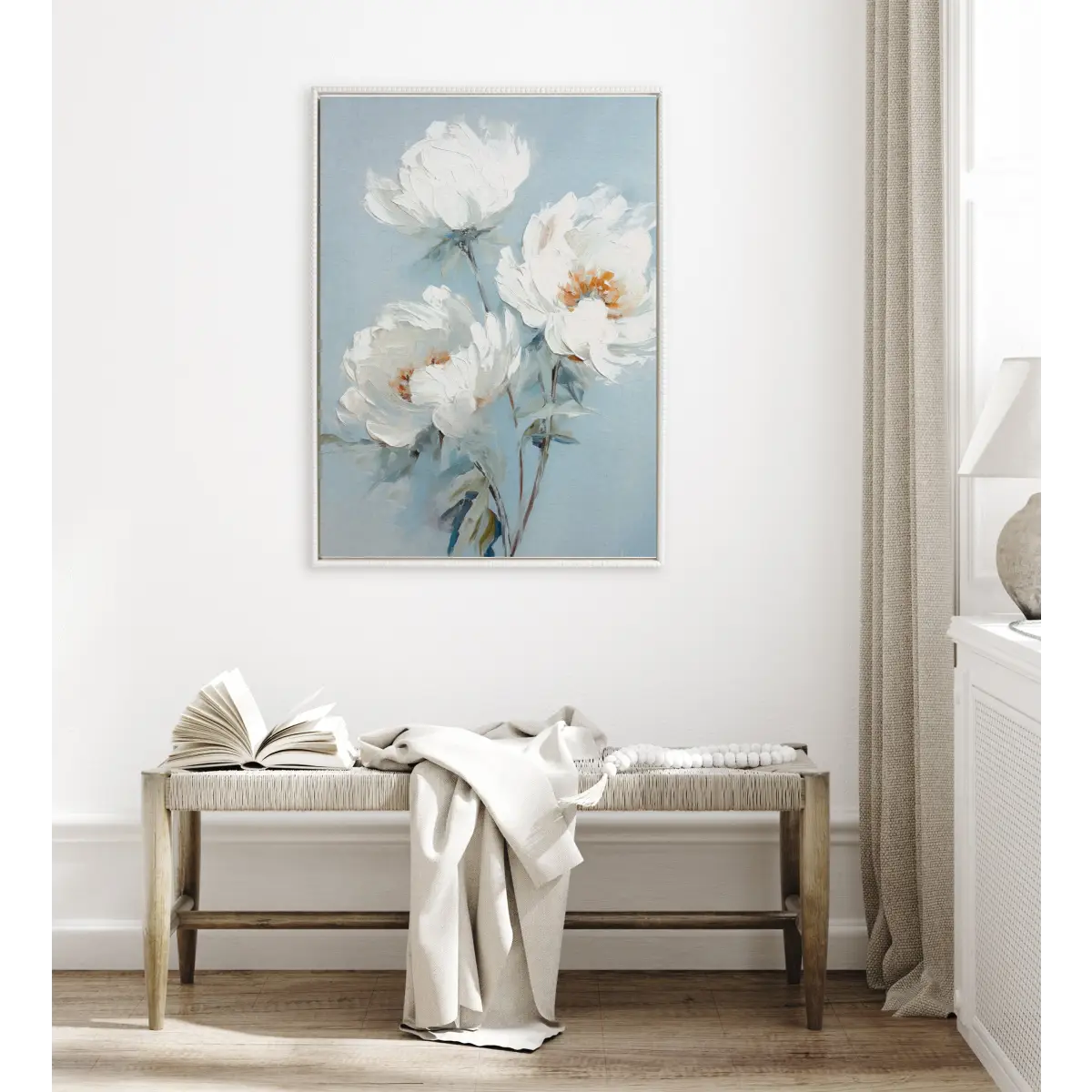 Framed Canvas - Beaded White Peonies on Ocean Blue - kateandlaurel