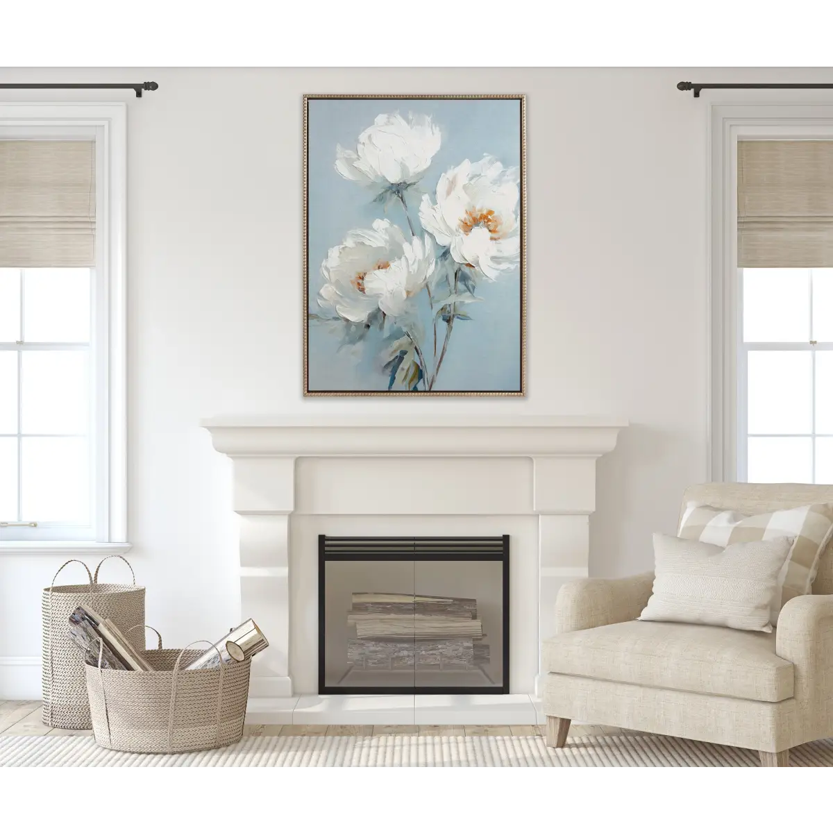 Framed Canvas - Beaded White Peonies on Ocean Blue - kateandlaurel