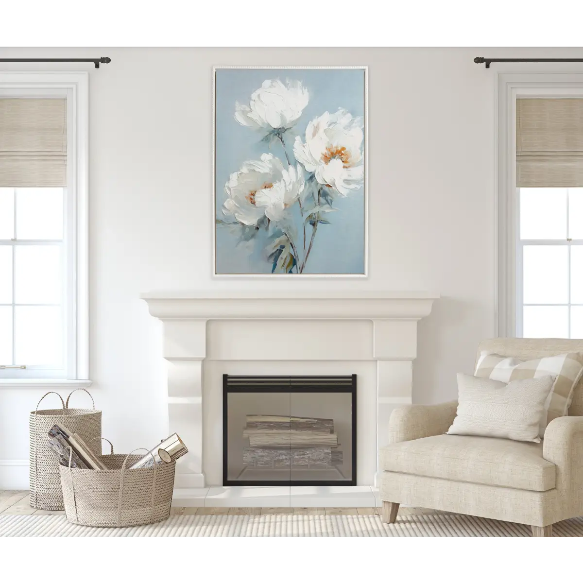 Framed Canvas - Beaded White Peonies on Ocean Blue - kateandlaurel