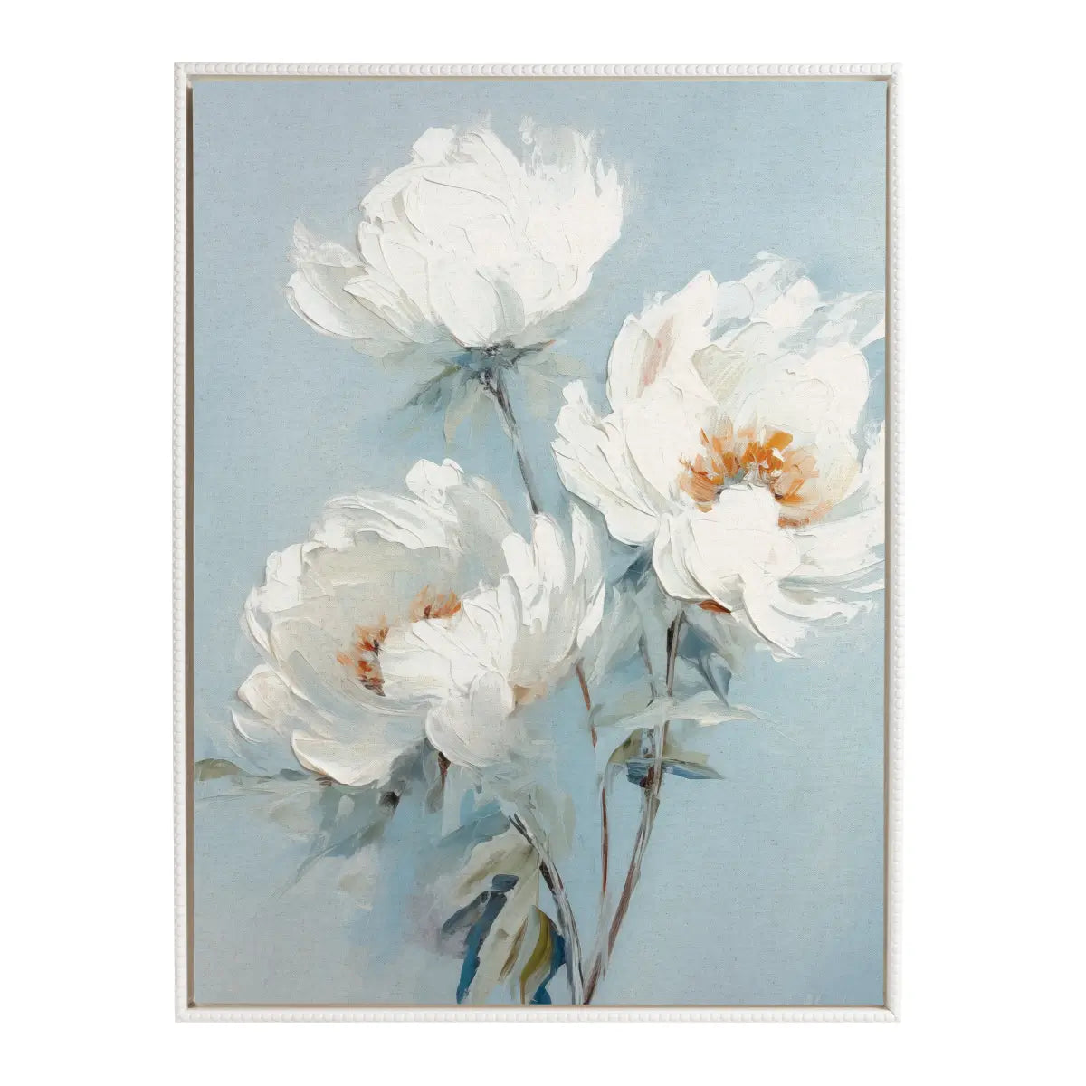 Framed Canvas - Beaded White Peonies on Ocean Blue - kateandlaurel