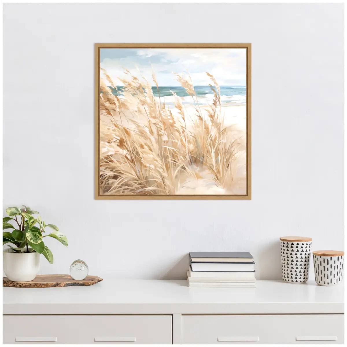 Framed Canvas Art - Beige Beach Grass Near Tranquil Beach - kateandlaurel
