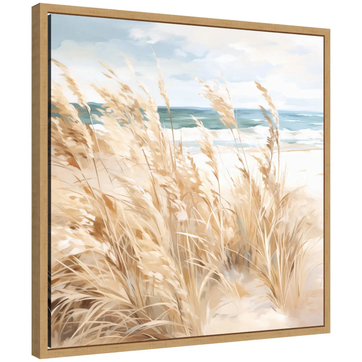 Framed Canvas Art - Beige Beach Grass Near Tranquil Beach - kateandlaurel