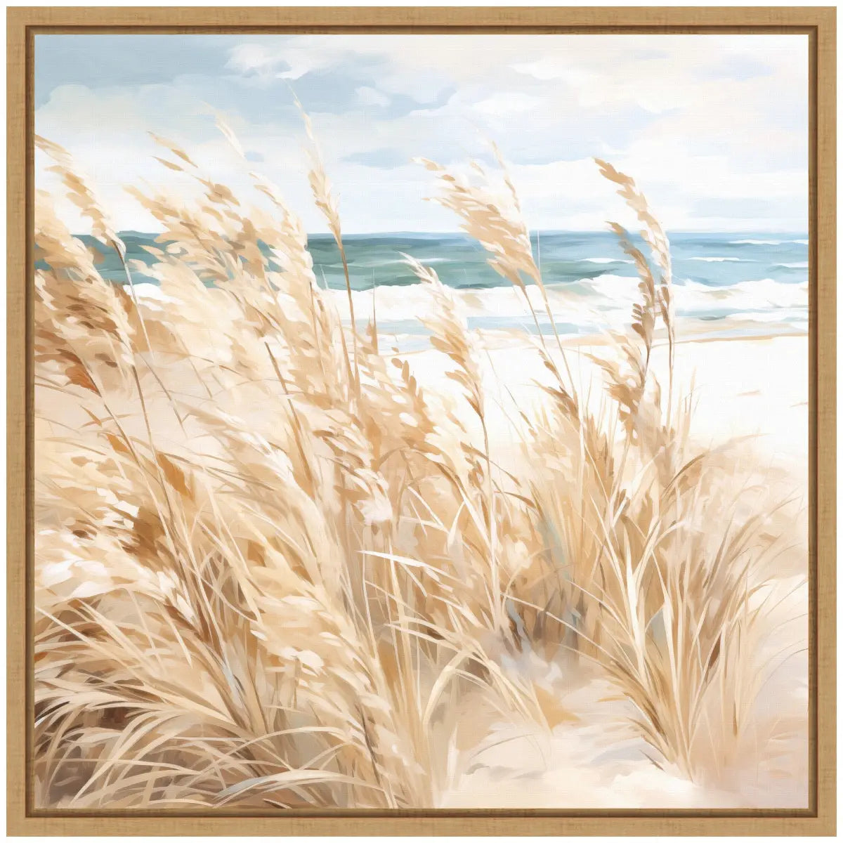 Framed Canvas Art - Beige Beach Grass Near Tranquil Beach - kateandlaurel