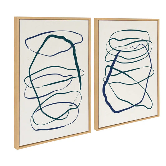 Blue and Green Expressive Abstract 1 and 2 Framed Canvas Art Set - Natural / 2 Piece Set 23x33 - kateandlaurel