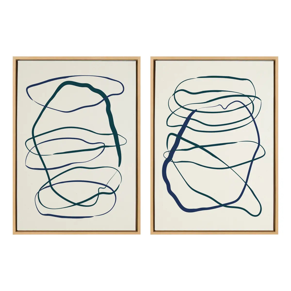Framed Canvas Art Set - Blue and Green Expressive Abstract 1 and 2 - Natural / 2 Piece Set 23x33 - kateandlaurel