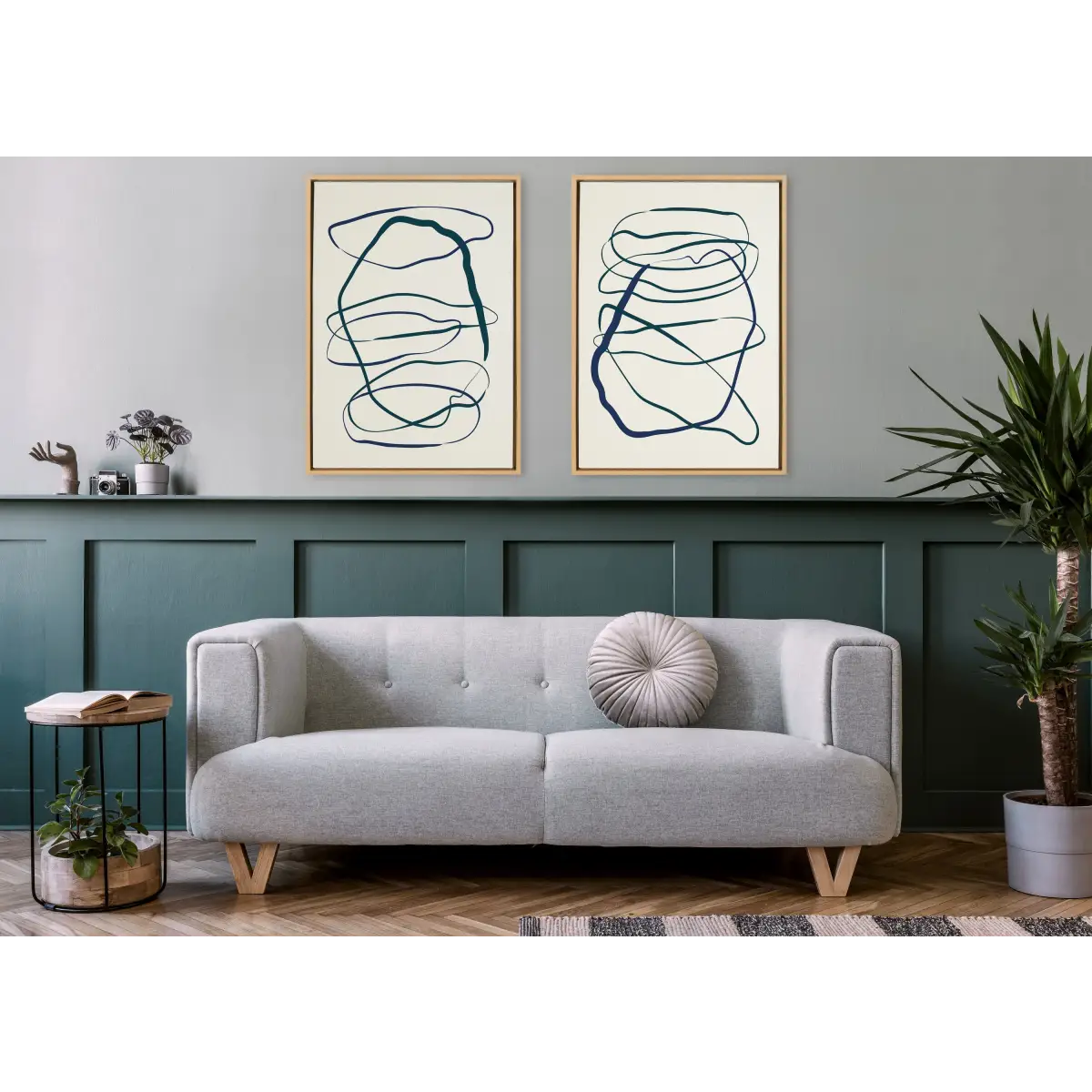Framed Canvas Art Set - Blue and Green Expressive Abstract 1 and 2 - Natural / 2 Piece Set 23x33 - kateandlaurel