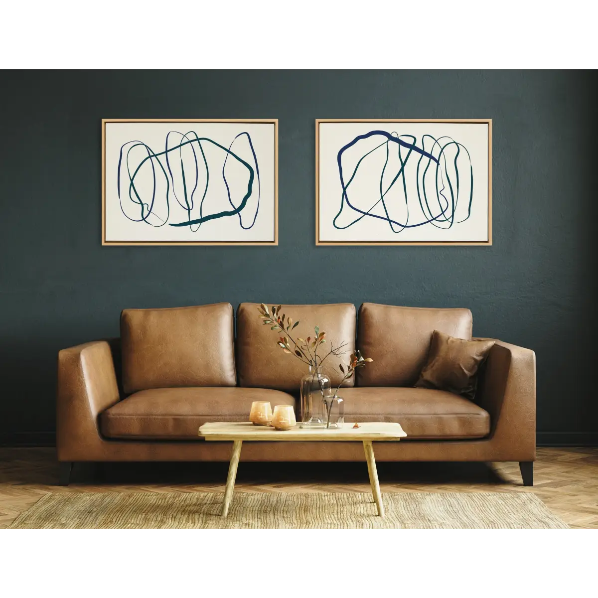 Framed Canvas Art Set - Blue and Green Expressive Abstract 1 and 2 - Natural / 2 Piece Set 23x33 - kateandlaurel