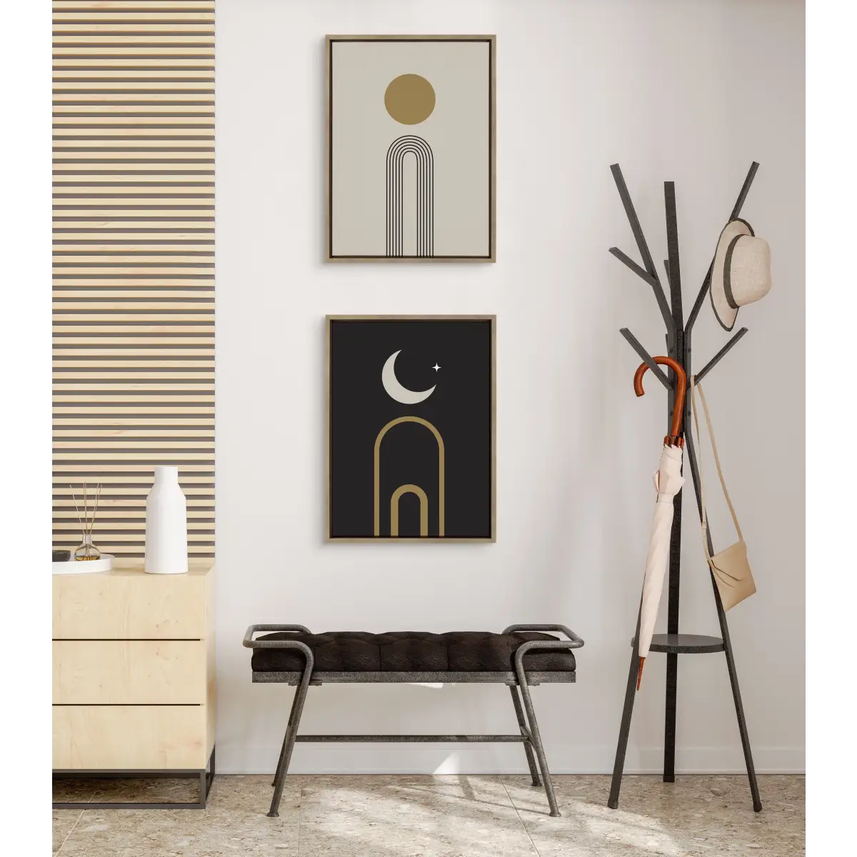 Boho Minimalist Sunrise Rainbow and Moon Arches Framed Canvas Art Set - Gold / 2 Piece Set 18x24 - kateandlaurel