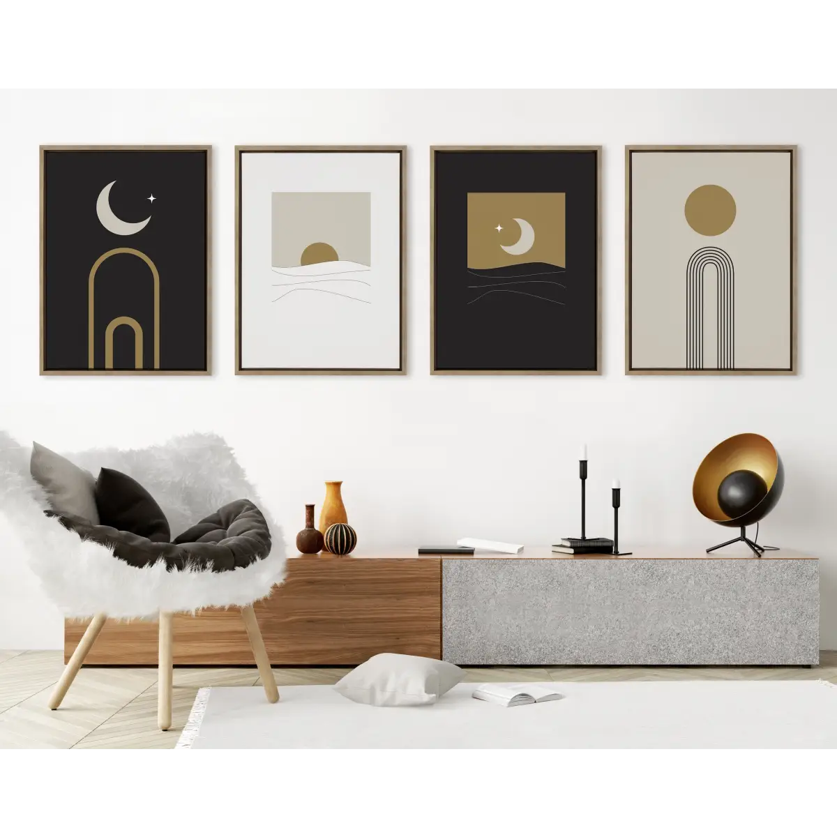 Boho Minimalist Sunrise Rainbow and Moon Arches Framed Canvas Art Set - Gold / 2 Piece Set 18x24 - kateandlaurel