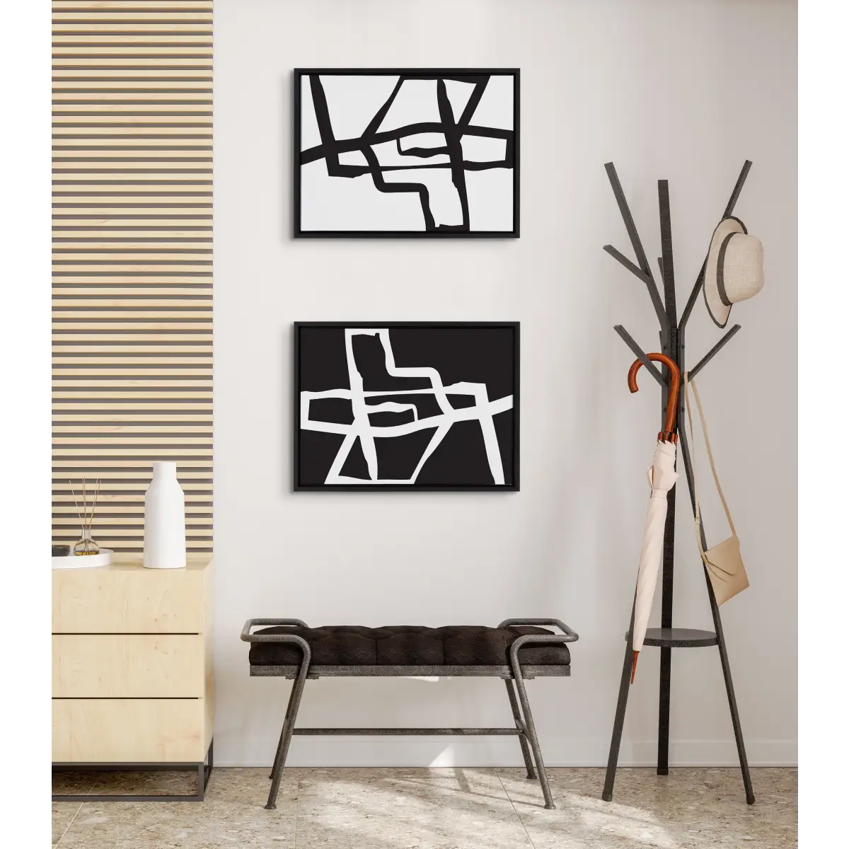 Bold Abstract Black and White Stroke Framed Canvas Art Set - Black / 2 Piece Set 18x24 - kateandlaurel