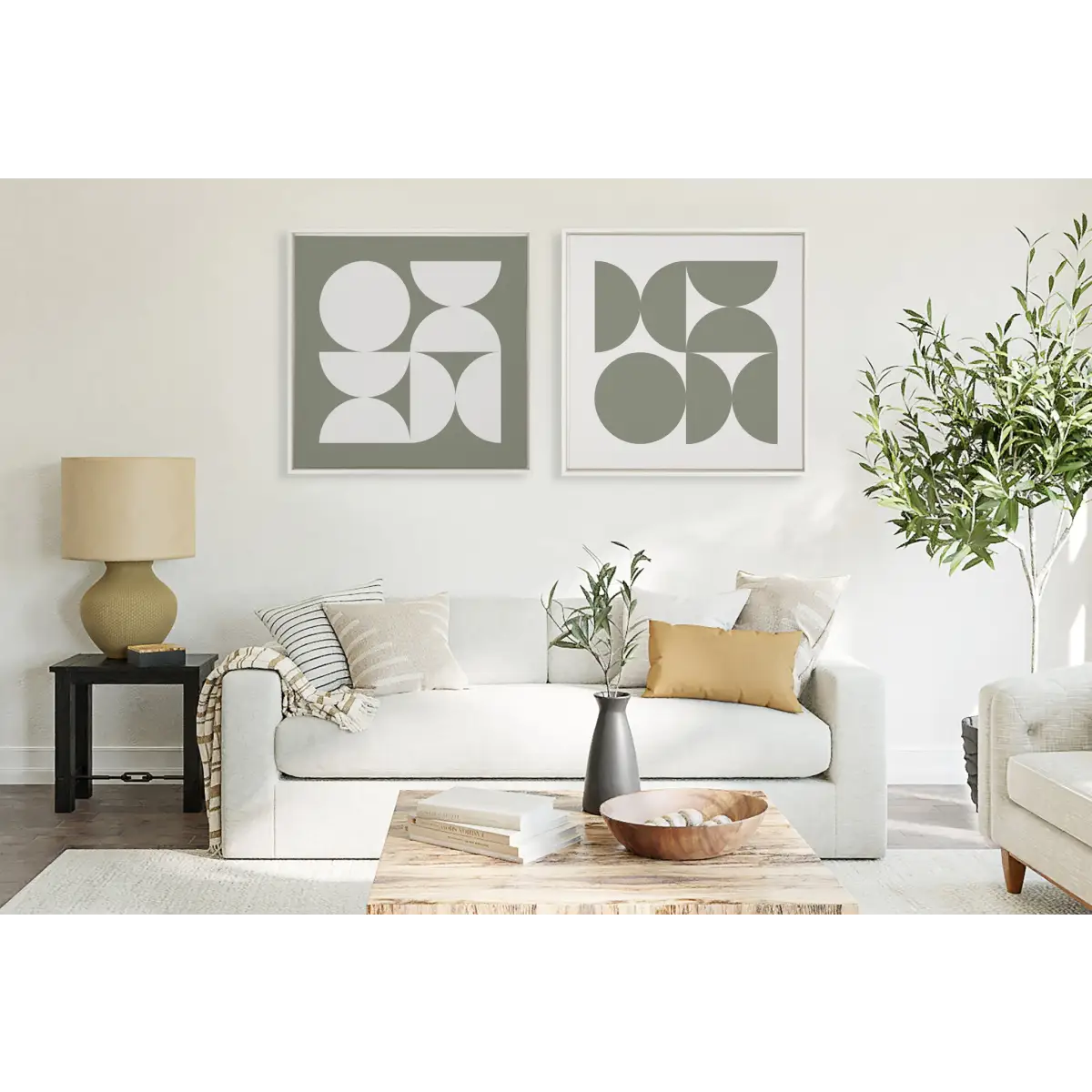 Framed Canvas - Bold Vintage Geometric Soft White on Sage Green - White / 30x30 - kateandlaurel