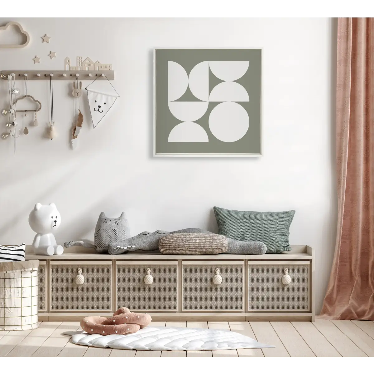 Framed Canvas - Bold Vintage Geometric Soft White on Sage Green - White / 30x30 - kateandlaurel