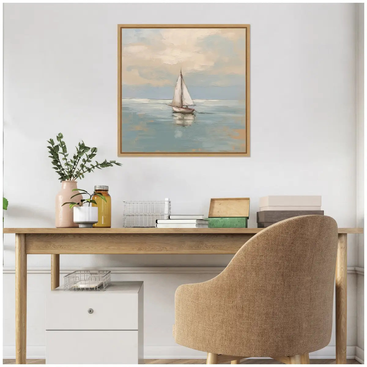 Calm Pastel Sailboat Landscape Framed Canvas - kateandlaurel