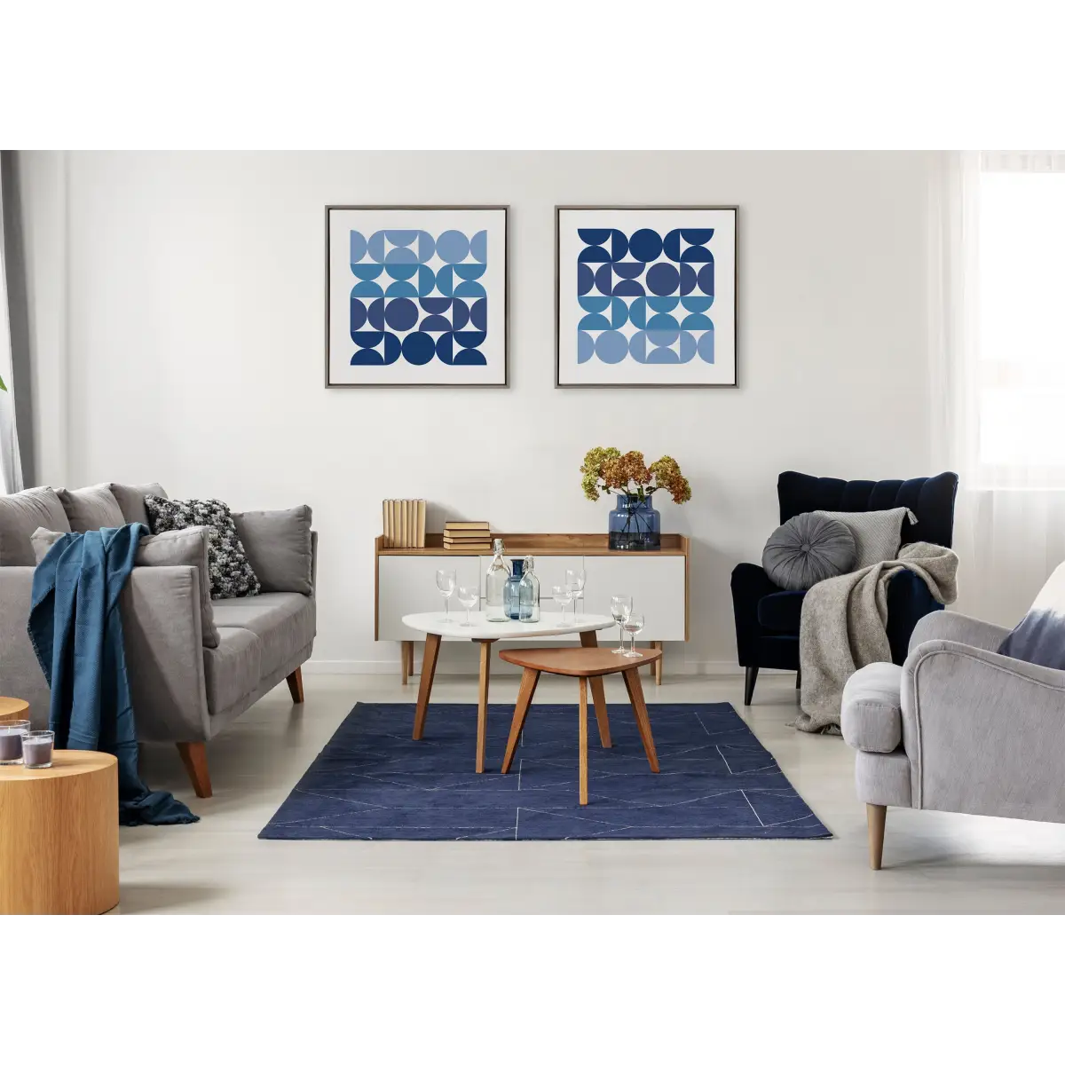 Framed Canvas - Circles and Curves Ocean Beach Blues - kateandlaurel