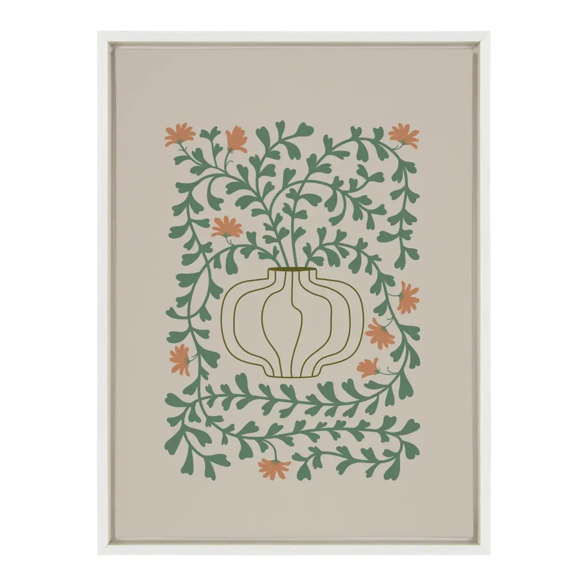 Framed Canvas Art - Colorful Abstract Retro Floral Green and Orange - White / 18x24 - kateandlaurel