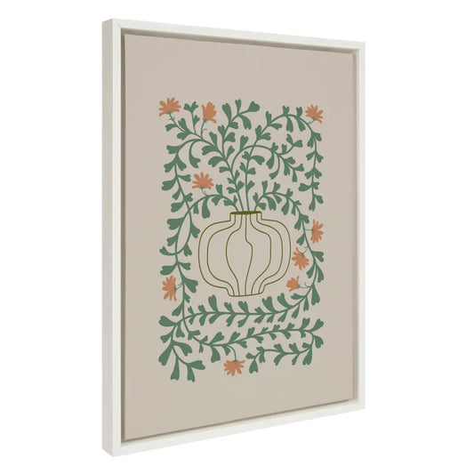 Framed Canvas Art - Colorful Abstract Retro Floral Green and Orange - White / 18x24 - kateandlaurel