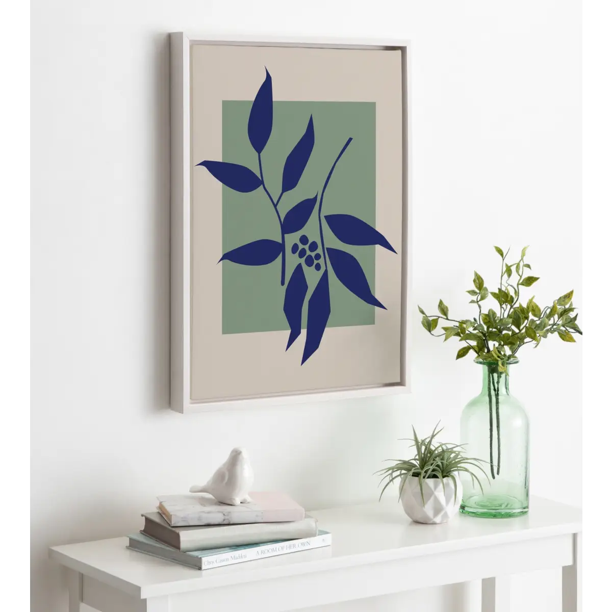 Framed Canvas Art - Colorful Retro Botanical Green and Blue - White / 18x24 - kateandlaurel