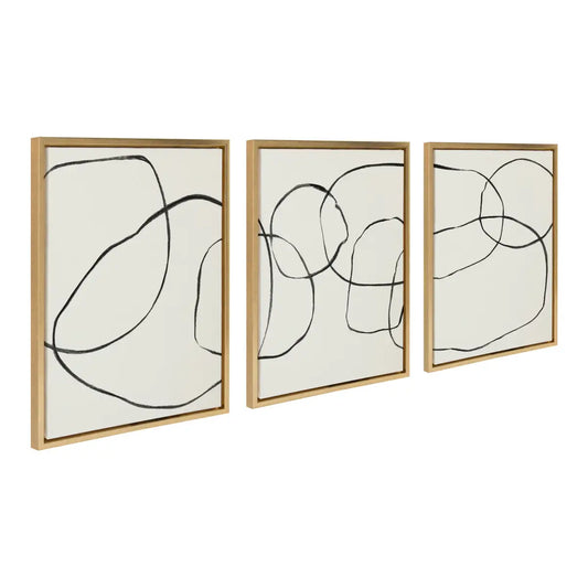 Canvas Art Print Set of 3 - Dancing Circles Black and White - Bright Gold / 3 Piece 18x24 - kateandlaurel