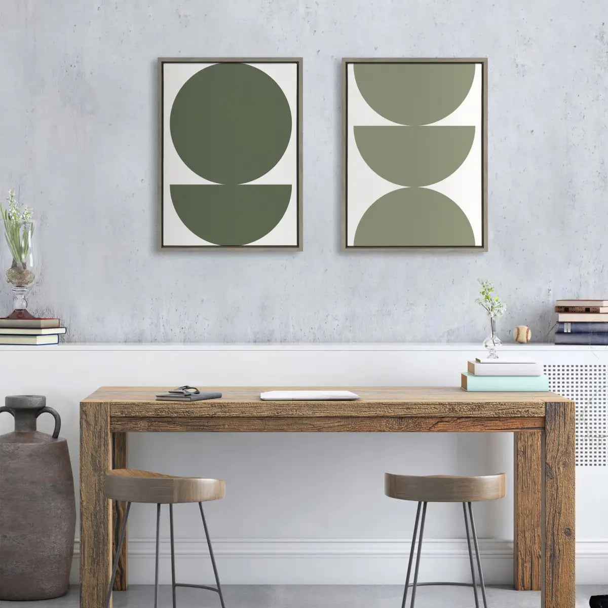 Framed Canvas - Earthy Boho Geometric - Olive Green and Earthy Boho - Gray / 2 Piece 18x24 - kateandlaurel