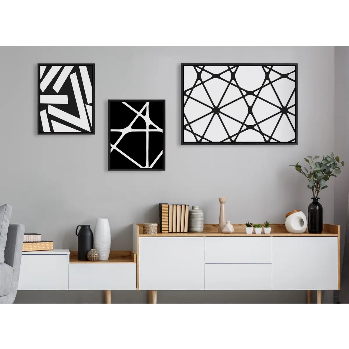 Framed Canvas - Elevated Modern Black and White Minimalist Pattern No 1 2 and 3 - kateandlaurel