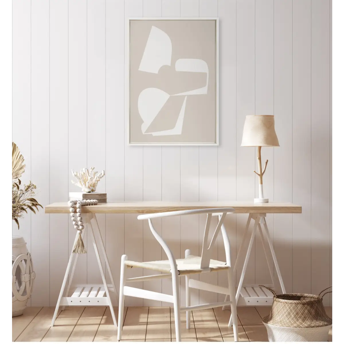Sleek Abstract 3 White and Beige 23x33 Framed Canvas - White / 23x33 - kateandlaurel