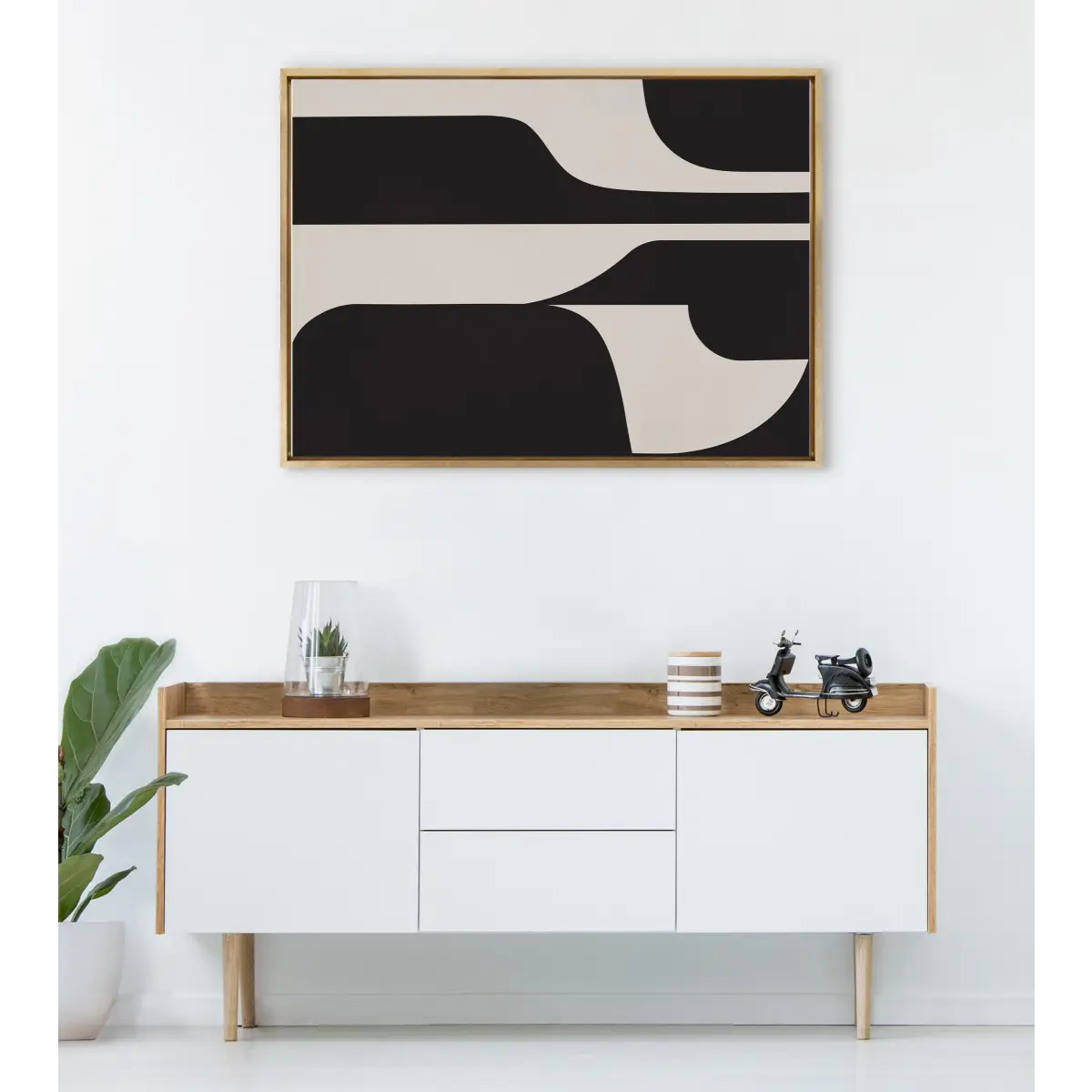 Sleek Abstract 6 Black and Beige Framed Canvas - kateandlaurel