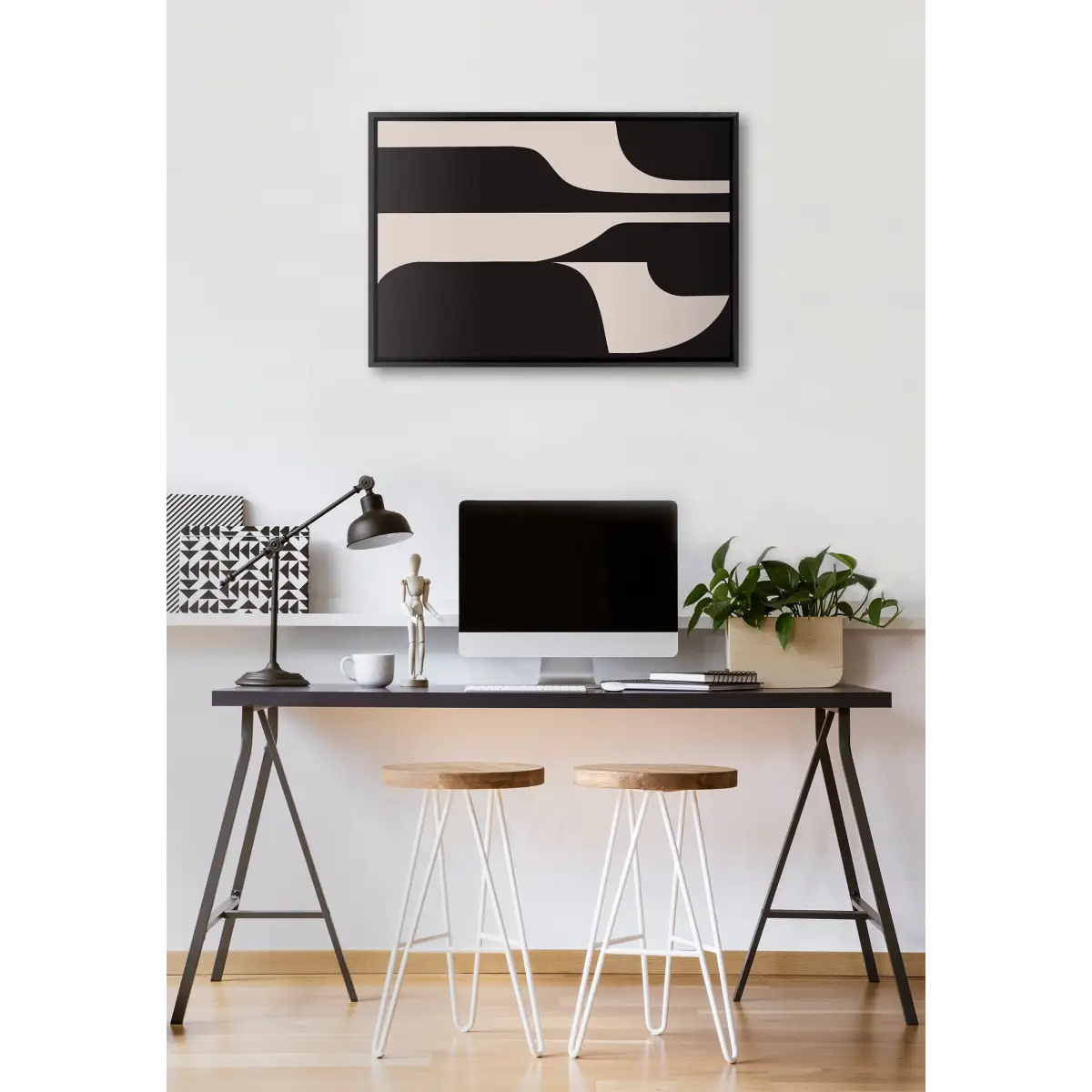 Sleek Abstract 6 Black and Beige Framed Canvas - kateandlaurel