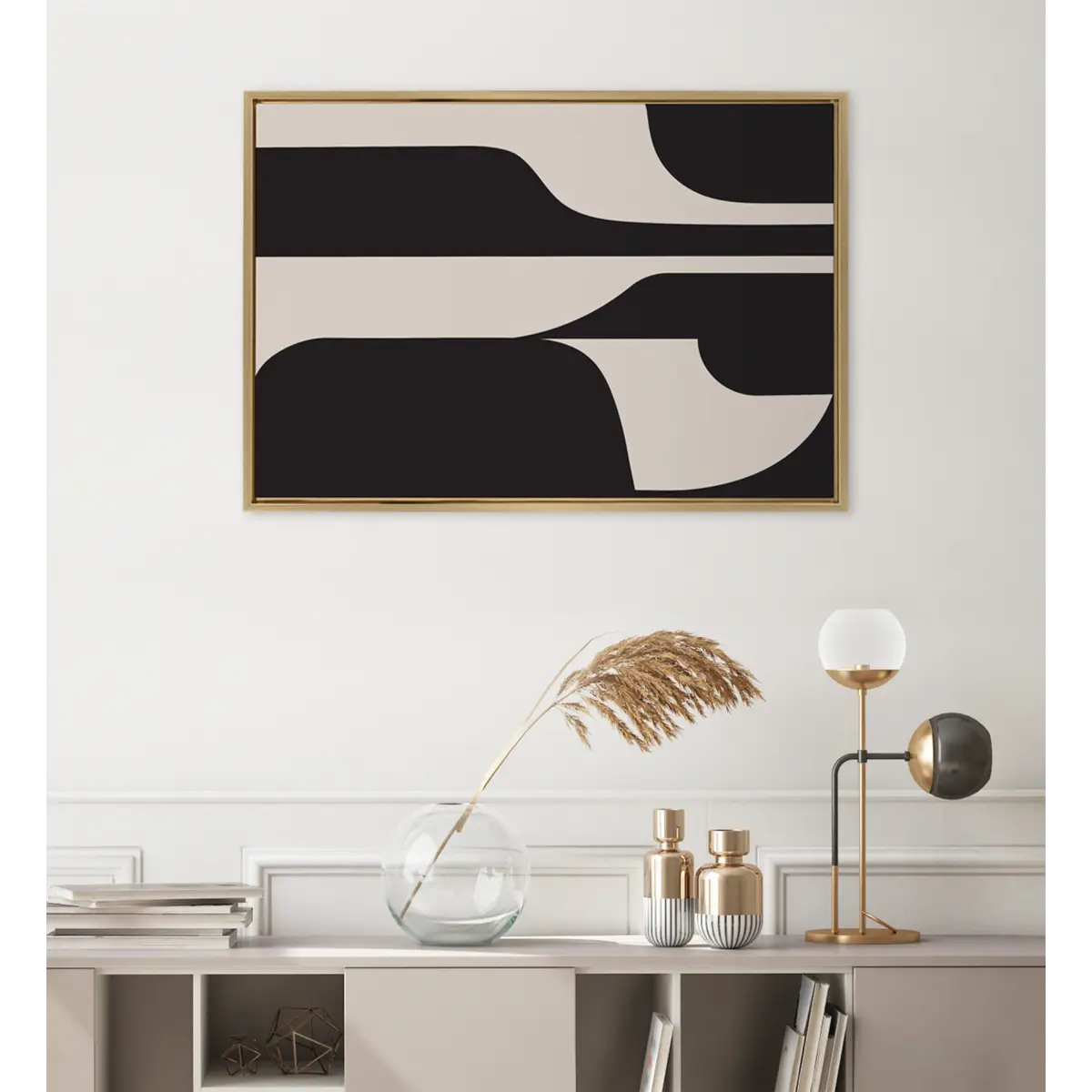 Sleek Abstract 6 Black and Beige Framed Canvas - kateandlaurel