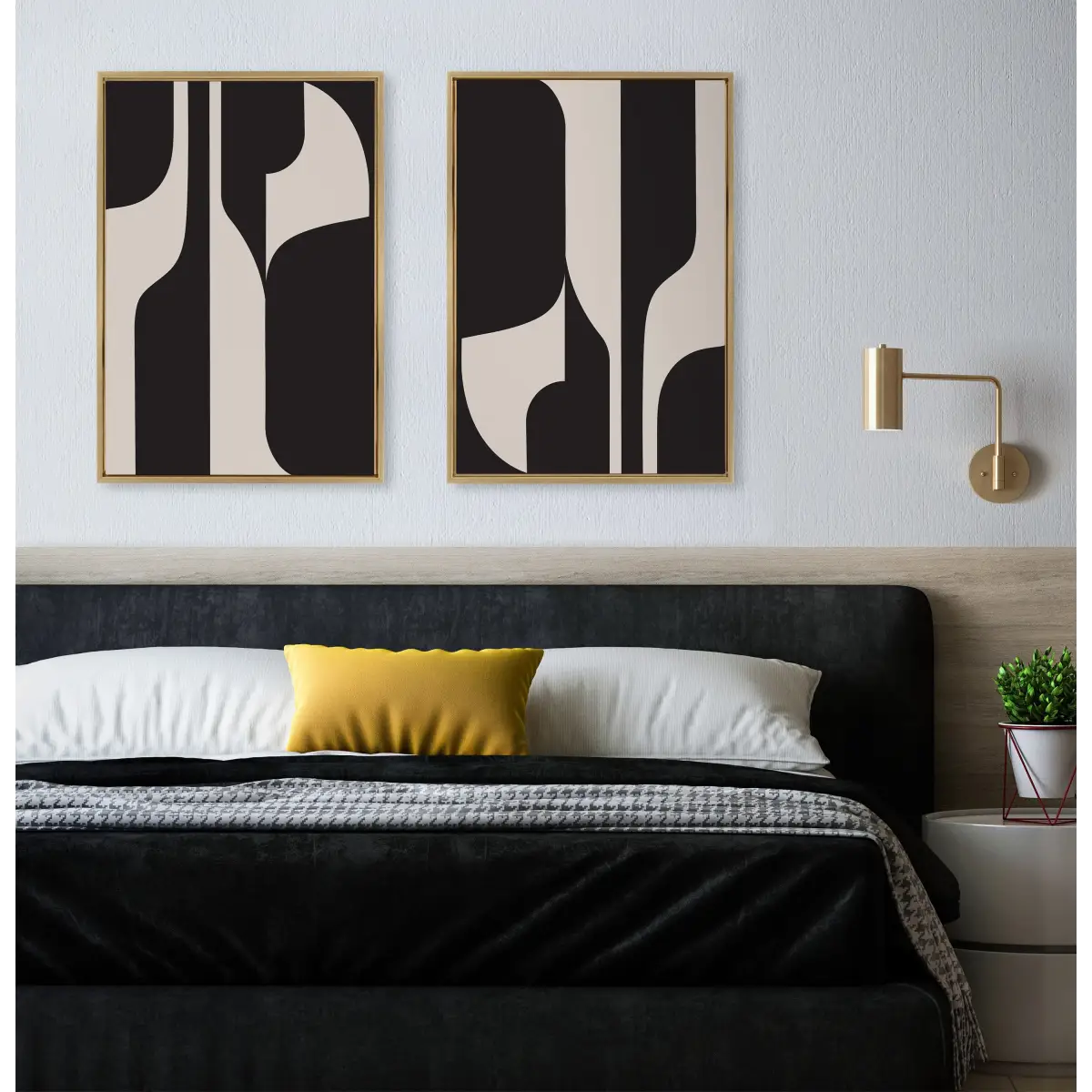 Sleek Abstract 6 Black and Beige Framed Canvas - kateandlaurel