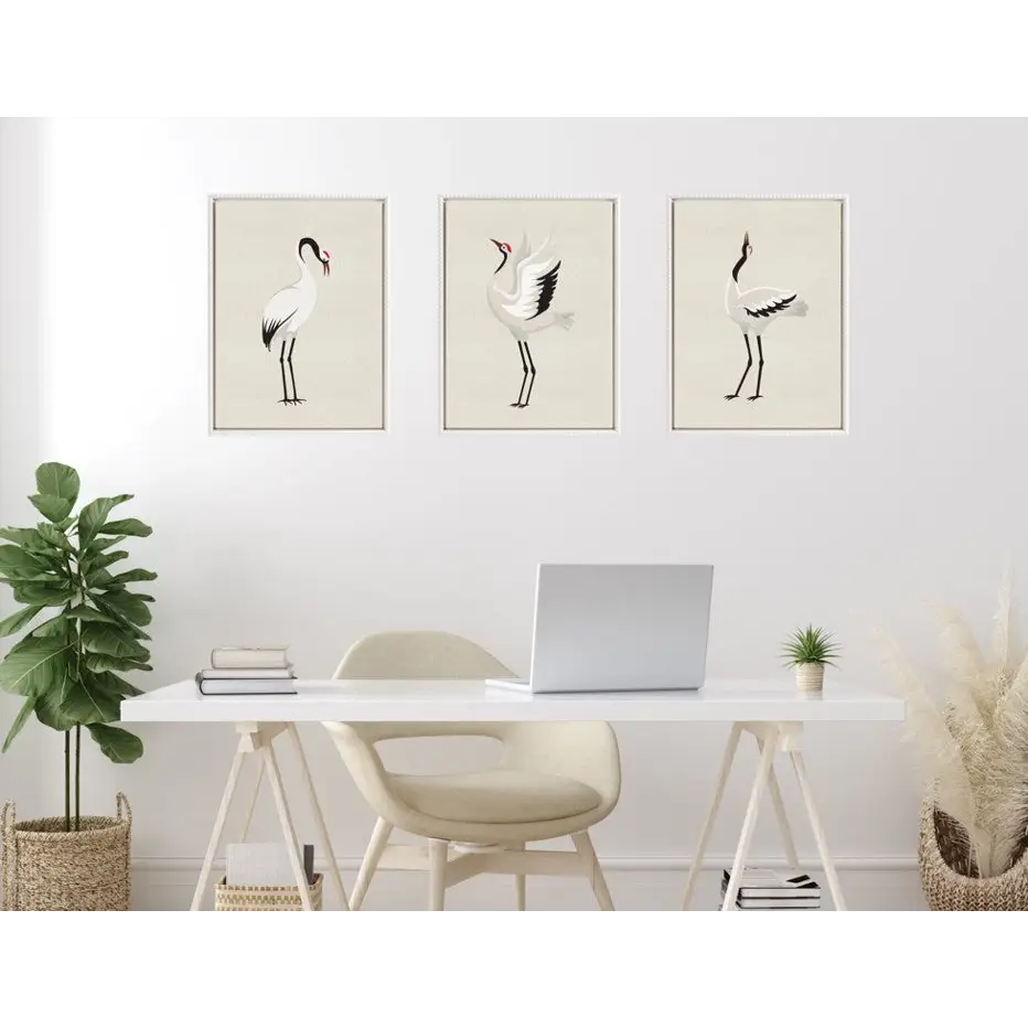Japanese Crane Bird with Red Crown Framed Canvas Art - Set of 3 - kateandlaurel