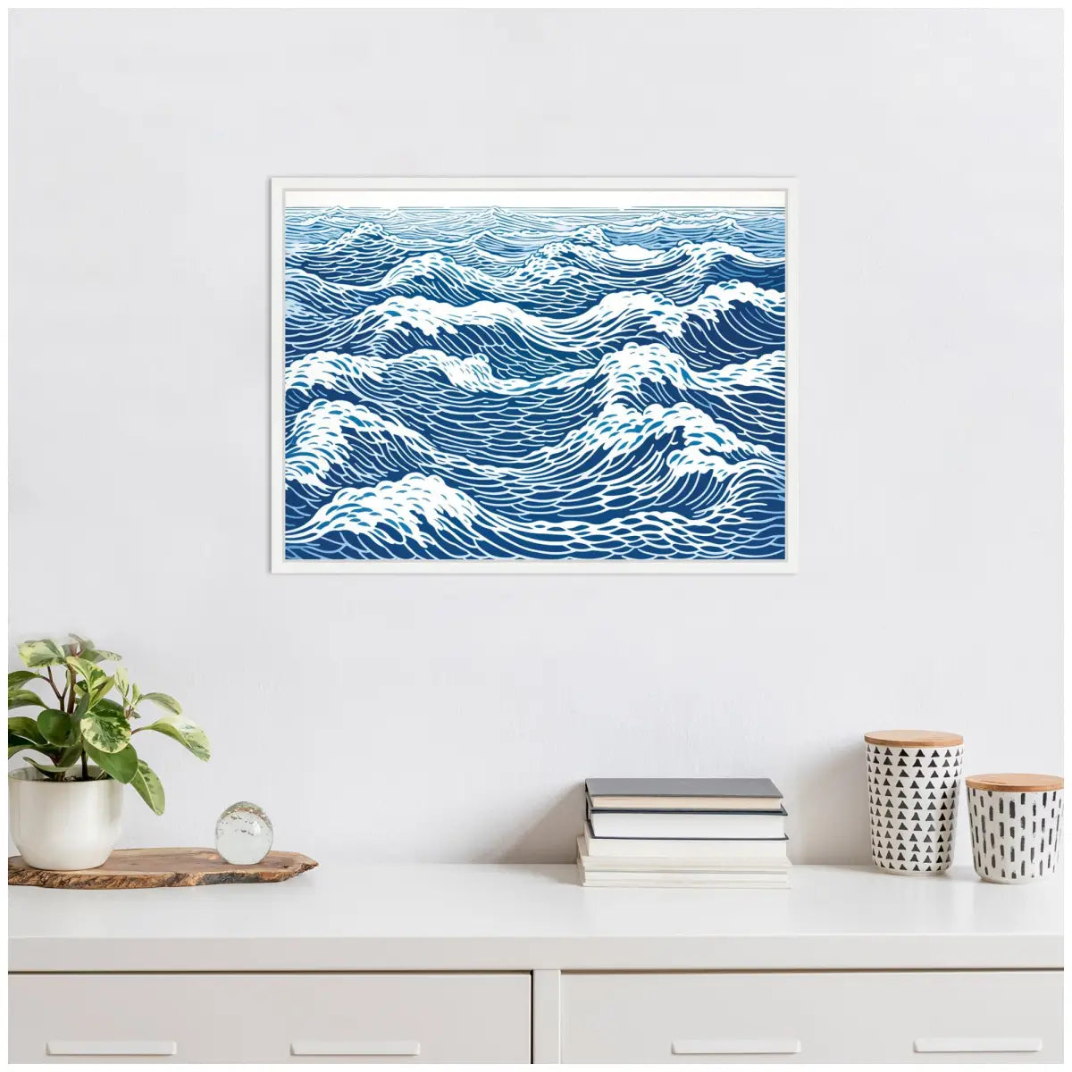 Linocut Abstract Waves Blue and White Framed Canvas - kateandlaurel
